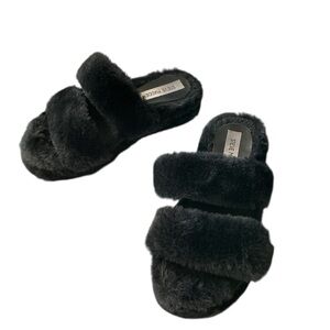 Steve Madden Size 6 Black Double Strap Faux Fur Slide Slipper Shoes Fuzzy